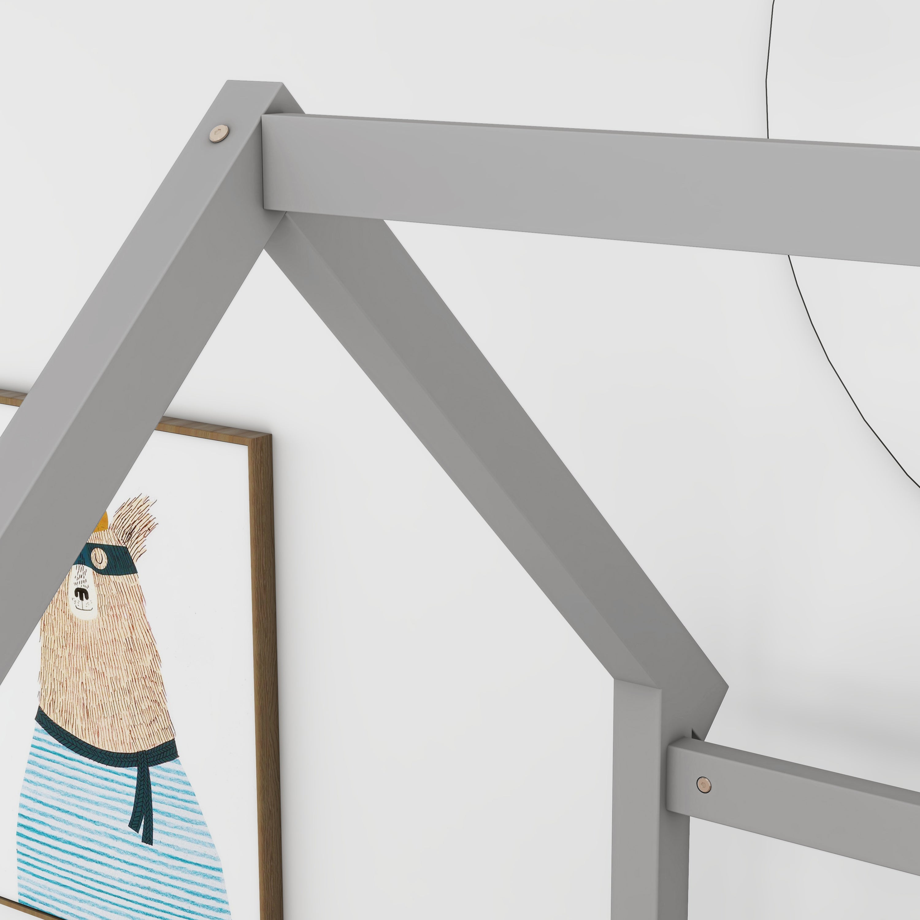 Twin Size Floor Wooden Bed with House Roof Frame, Fence Guardrails,Grey Twin Size Floor Wooden Bed with House Roof Frame, Fence Guardrails,Grey