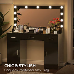 47.2"Vanity Desk with Large Mirror, 3 Colour Lighting Modes, Adjustable Brightness, Dresser with 3 Drawers & 2 Vertical Cabinets, Makeup Vanity Table for Women & Girls (Black)