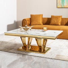 51" MDF Marble Coffee Table, Gold Stainless Steel Base