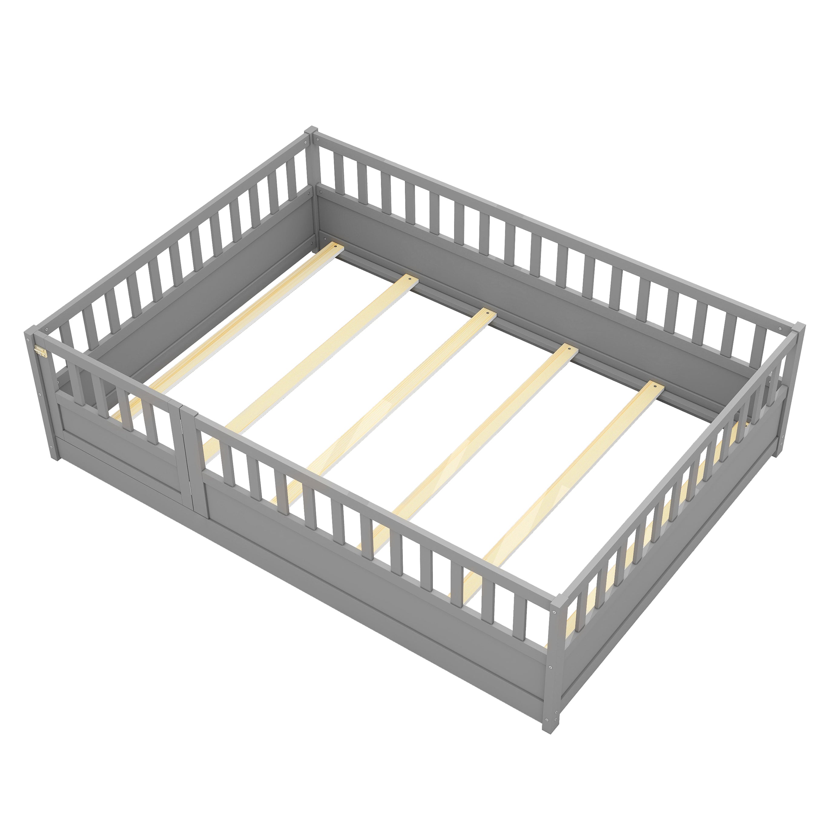 Full size  Floor bed, integral construction with super high security barrier, door, children's floor bed frame, Montessori wooden children's floor bed, Support slat Grey Full size  Floor bed, integral construction with super high security barrier, door, children's floor bed frame, Montessori wooden children's floor bed, Support slat Grey