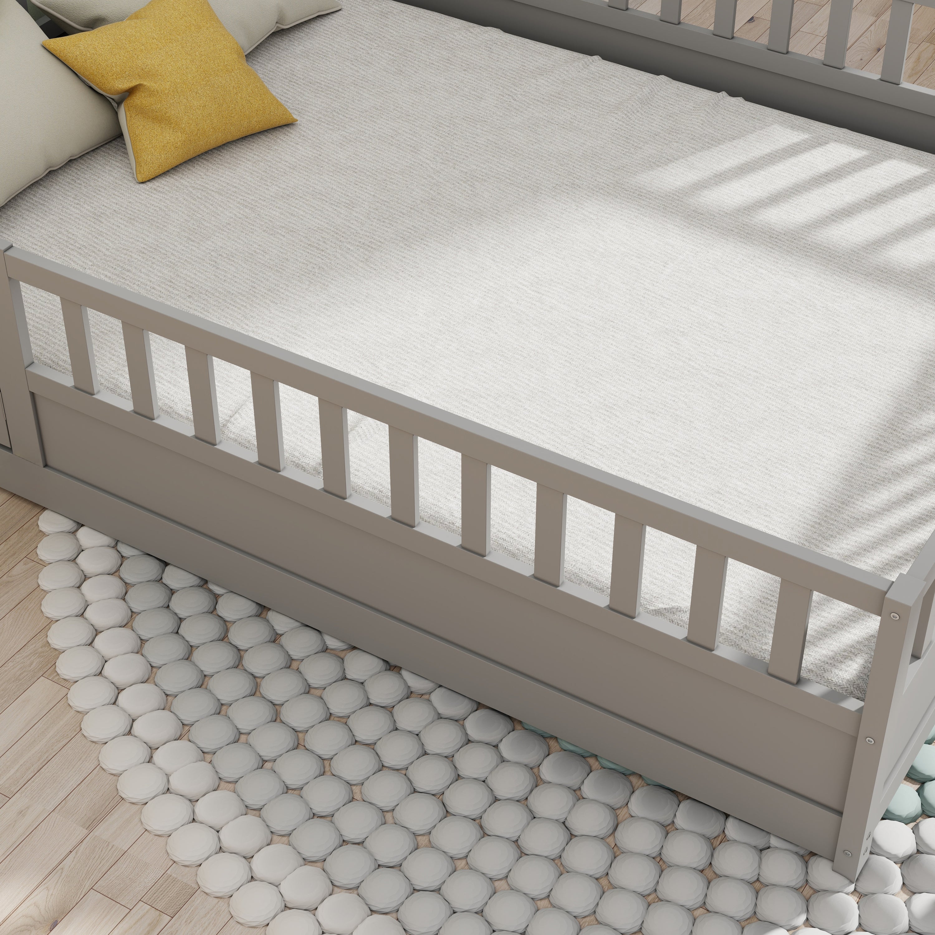Full size  Floor bed, integral construction with super high security barrier, door, children's floor bed frame, Montessori wooden children's floor bed, Support slat Grey Full size  Floor bed, integral construction with super high security barrier, door, children's floor bed frame, Montessori wooden children's floor bed, Support slat Grey