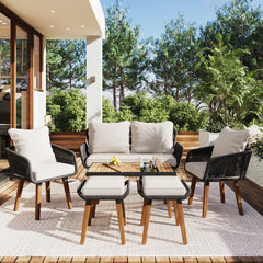K&K 6-Piece Patio Conversation Set with Acacia Wood Cool Bar and Chairs with Deep Cushions, Black & Beige