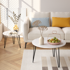27.56'' Round Nesting Coffee Table Set of 2, Circular Nesting End Table Set, Round Marble Tabletop, and Sturdy Metal Base for Living Room, bedroom, White
