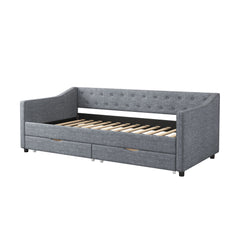 Twin Size Daybed with Drawers Upholstered Tufted Sofa Bed, with Button on Back and Piping on Waved Shape Arms-Light Grey