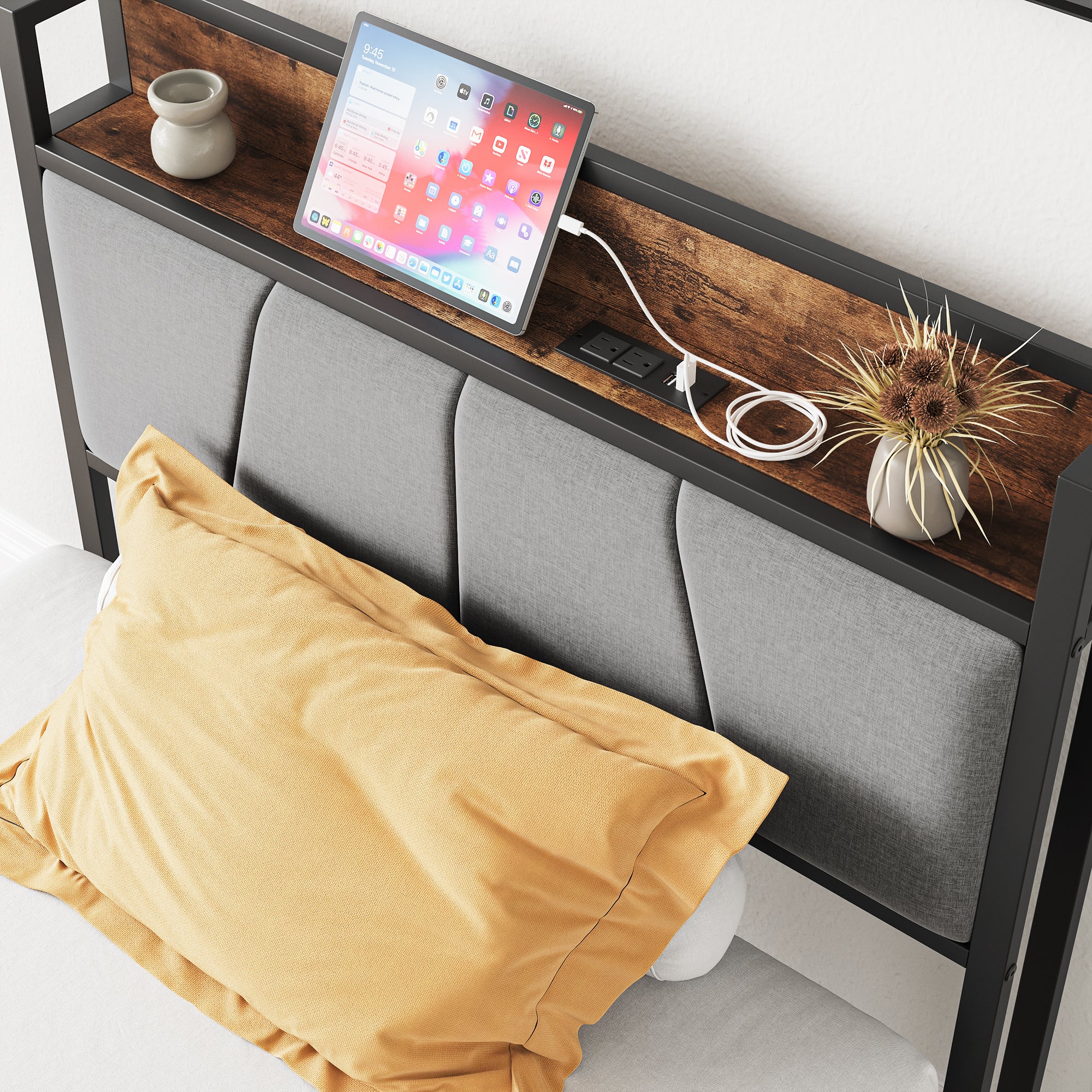 Twin Bed Frame with Storage Headboard & Charging Station Twin Bed Frame with Storage Headboard & Charging Station