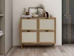 Natural Rattan 4 Door Shoe Rack, Freestanding Modern Shoe Storage Cabinet, for Entryway