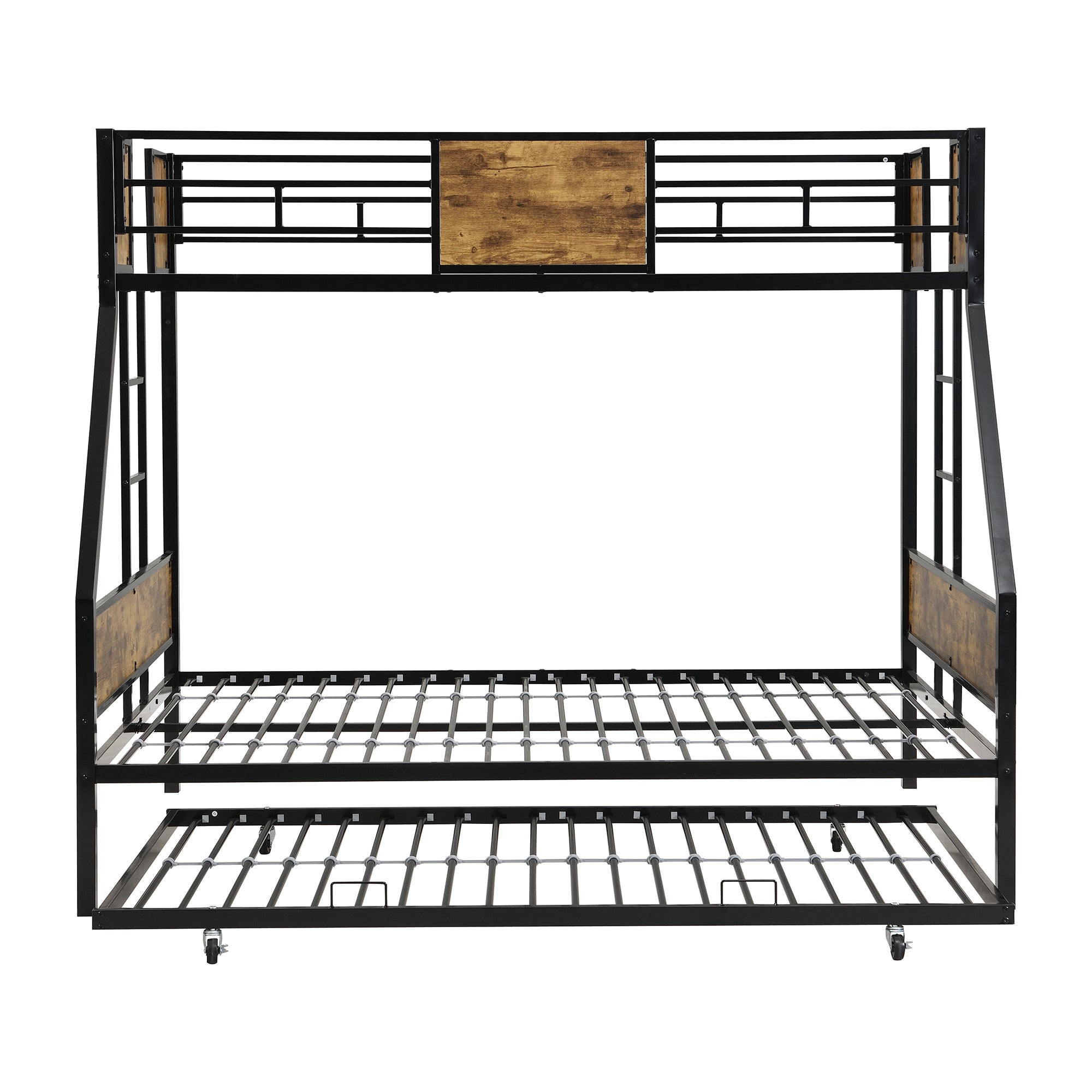 Twin Over FULL  Metal Bunk Bed  with Trundle  2 - Side Ladder and Full-Length Guardrail, No Box Spring Needed, Large Under Bed Storage, Easy Assemble , Black &  Brown Twin Over FULL  Metal Bunk Bed  with Trundle  2 - Side Ladder and Full-Length Guardrail, No Box Spring Needed, Large Under Bed Storage, Easy Assemble , Black &  Brown