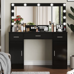 47.2"Vanity Desk with Large Mirror, 3 Colour Lighting Modes, Adjustable Brightness, Dresser with 3 Drawers & 2 Vertical Cabinets, Makeup Vanity Table for Women & Girls (Black)