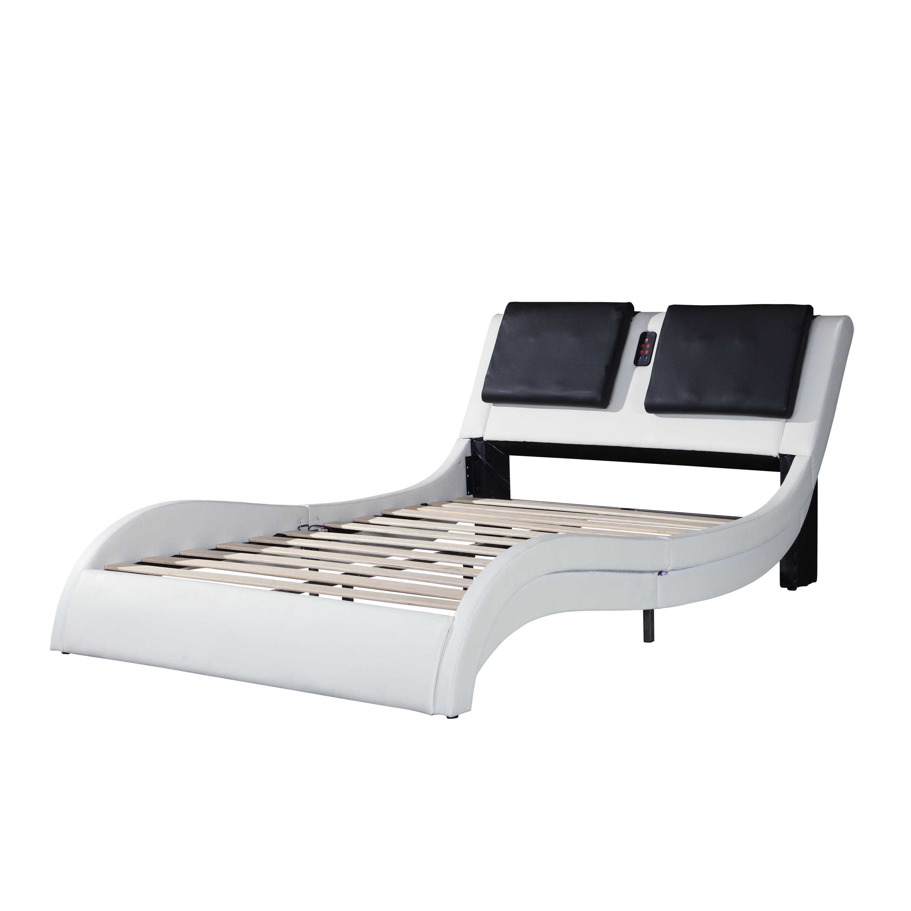 Faux Leather Upholstered Platform Bed Frame with led lighting ,Bluetooth connection to play music control,Backrest vibration massage,Curve Design, Wood Slat Support, No Box Spring Needed,Queen Faux Leather Upholstered Platform Bed Frame with led lighting ,Bluetooth connection to play music control,Backrest vibration massage,Curve Design, Wood Slat Support, No Box Spring Needed,Queen