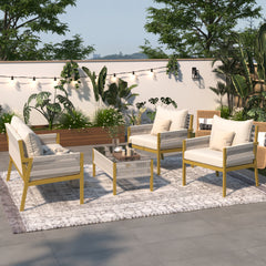 K&K 4-Piece Patio Conversation Set with Tempered Glass Table in Beige & Mustard Yellow