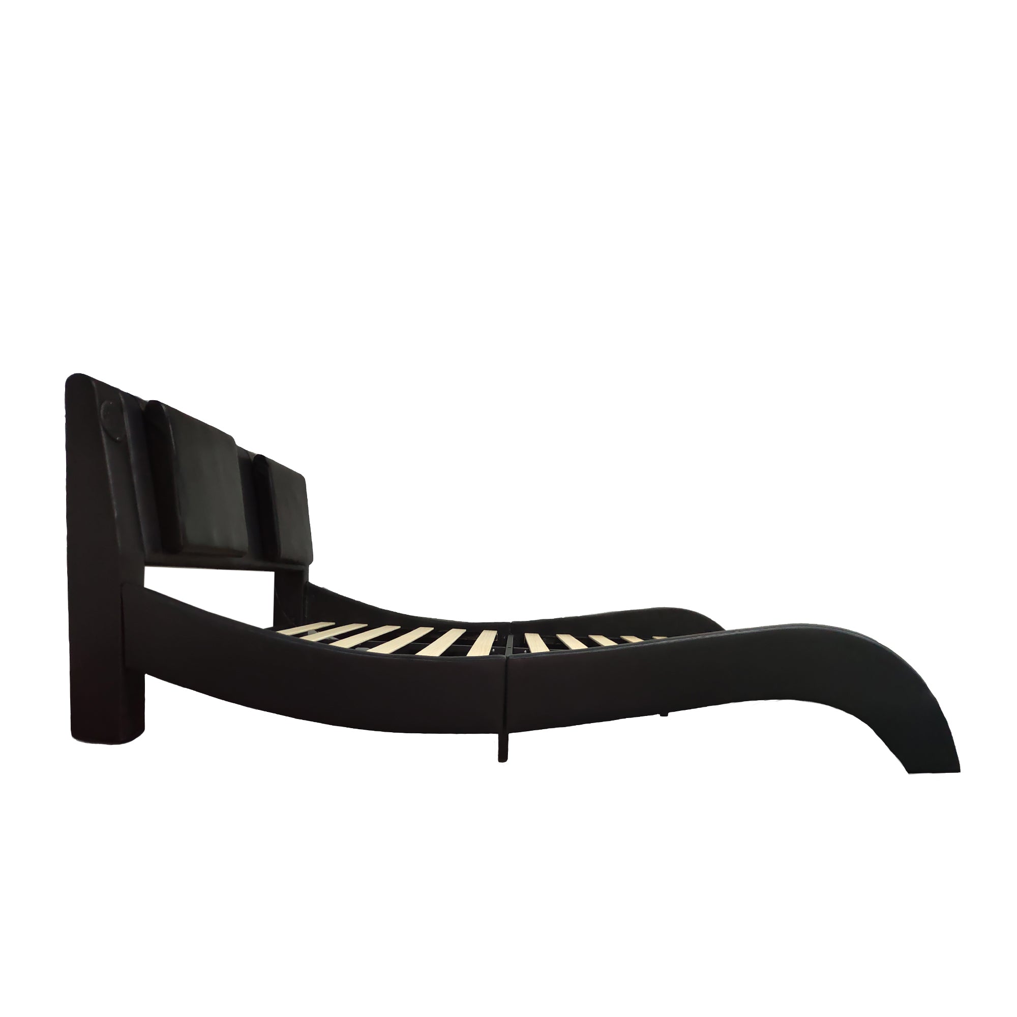 Faux Leather Upholstered Platform Bed Frame with led lighting, Bluetooth connection to play music control, Backrest vibration massage, Curve Design, Wood Slat Support, Exhibited Speakers,King Size Faux Leather Upholstered Platform Bed Frame with led lighting, Bluetooth connection to play music control, Backrest vibration massage, Curve Design, Wood Slat Support, Exhibited Speakers,King Size