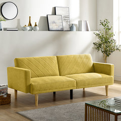 Convertible Futon Sofa Bed with Wood Legs, Yellow Fabric