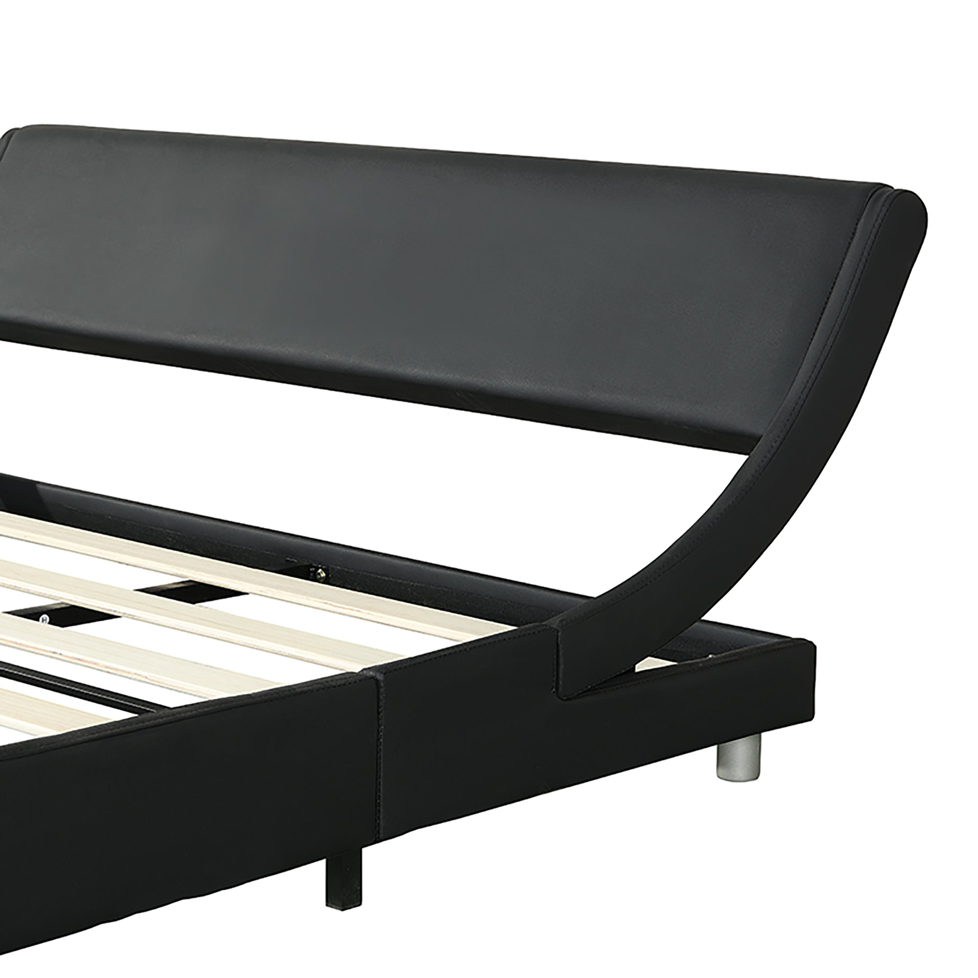 Faux Leather Upholstered Platform Bed Frame,LED lighting with remote controller and APP,Curve Design,Wood Slat Support,No Box Spring Needed,Easy Assemble,Queen Size,Black Faux Leather Upholstered Platform Bed Frame,LED lighting with remote controller and APP,Curve Design,Wood Slat Support,No Box Spring Needed,Easy Assemble,Queen Size,Black