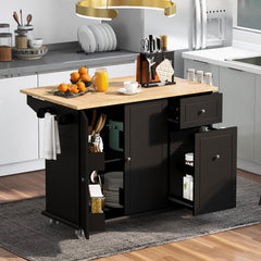 Kitchen Island with Drop Leaf & Pull-Out Organizer, Rolling, Black