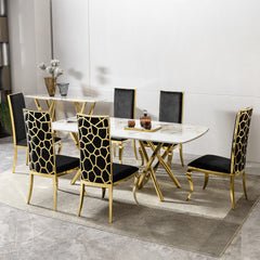 Marble Pattern Dining Table, Gold Steel Base, Seats 6-8