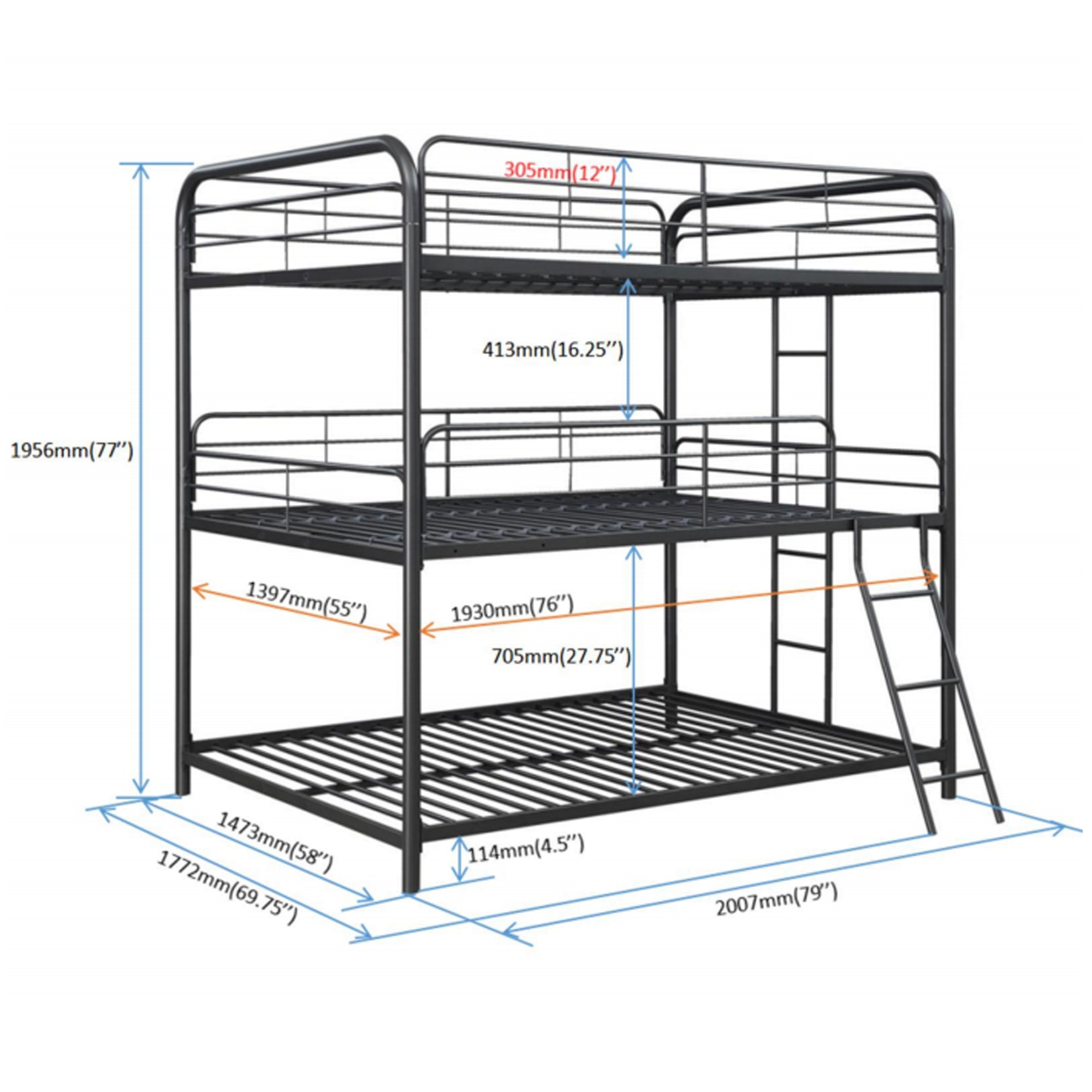 Furniture   Triple Bunk Bed, FULL/FULL/FULL, black Furniture   Triple Bunk Bed, FULL/FULL/FULL, black