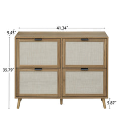 Natural Rattan 4 Door Shoe Rack, Freestanding Modern Shoe Storage Cabinet, for Entryway