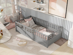 Twin Size Floor bed, integral construction with super high security barrier, door, children's floor bed frame, Montessori wooden children's floor bed,  Grey
