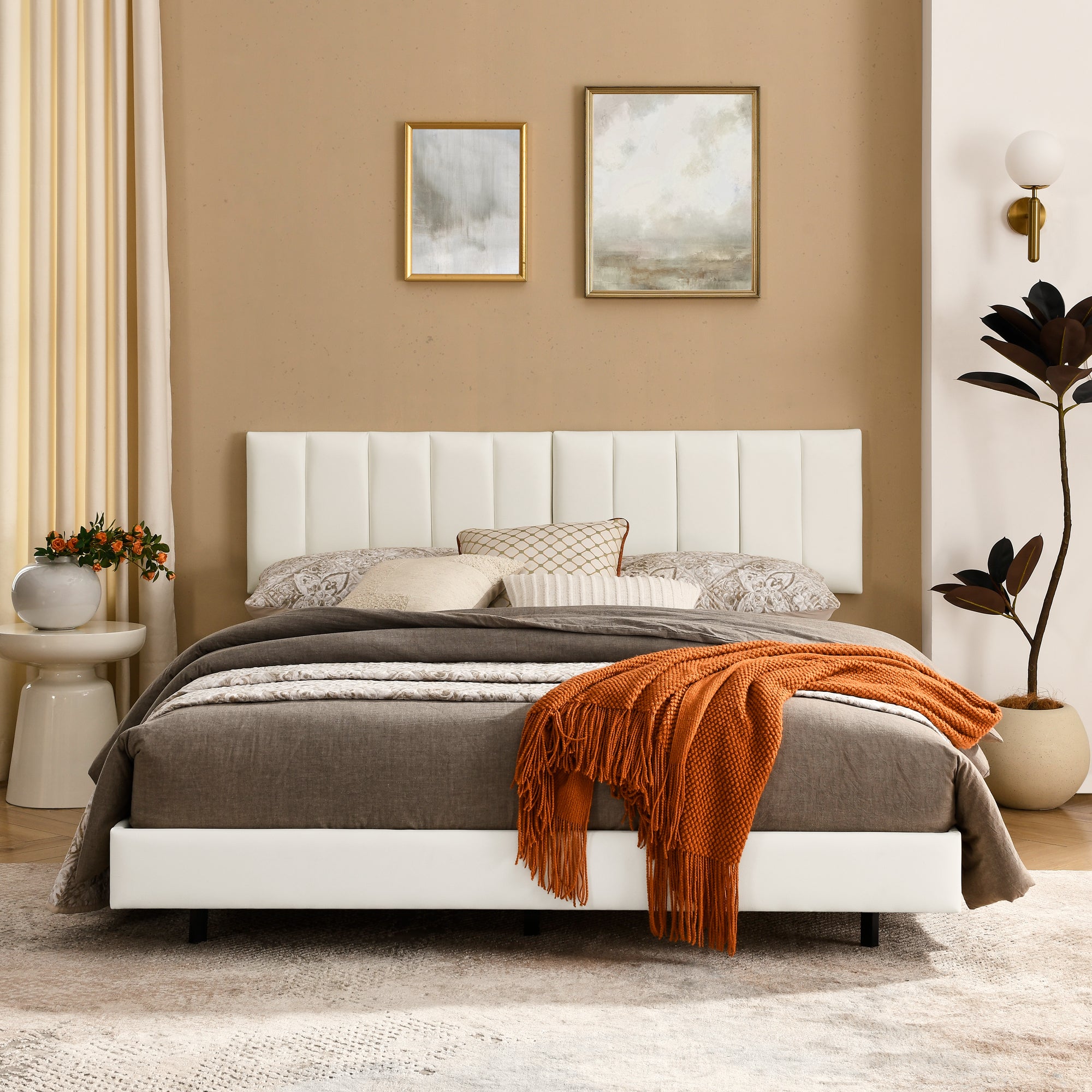 Queen Floating Bed Frame with Wall Mounted Headboard Modern Low Profile Platform Bed Frame Queen Size Faux Leather Upholstered Platform Bed Frame,No Box Spring Needed,White Queen Floating Bed Frame with Wall Mounted Headboard Modern Low Profile Platform Bed Frame Queen Size Faux Leather Upholstered Platform Bed Frame,No Box Spring Needed,White