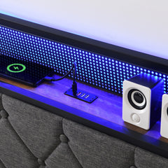Queen Bed Frame with Storage Headboard, LED Lights & Charging Station