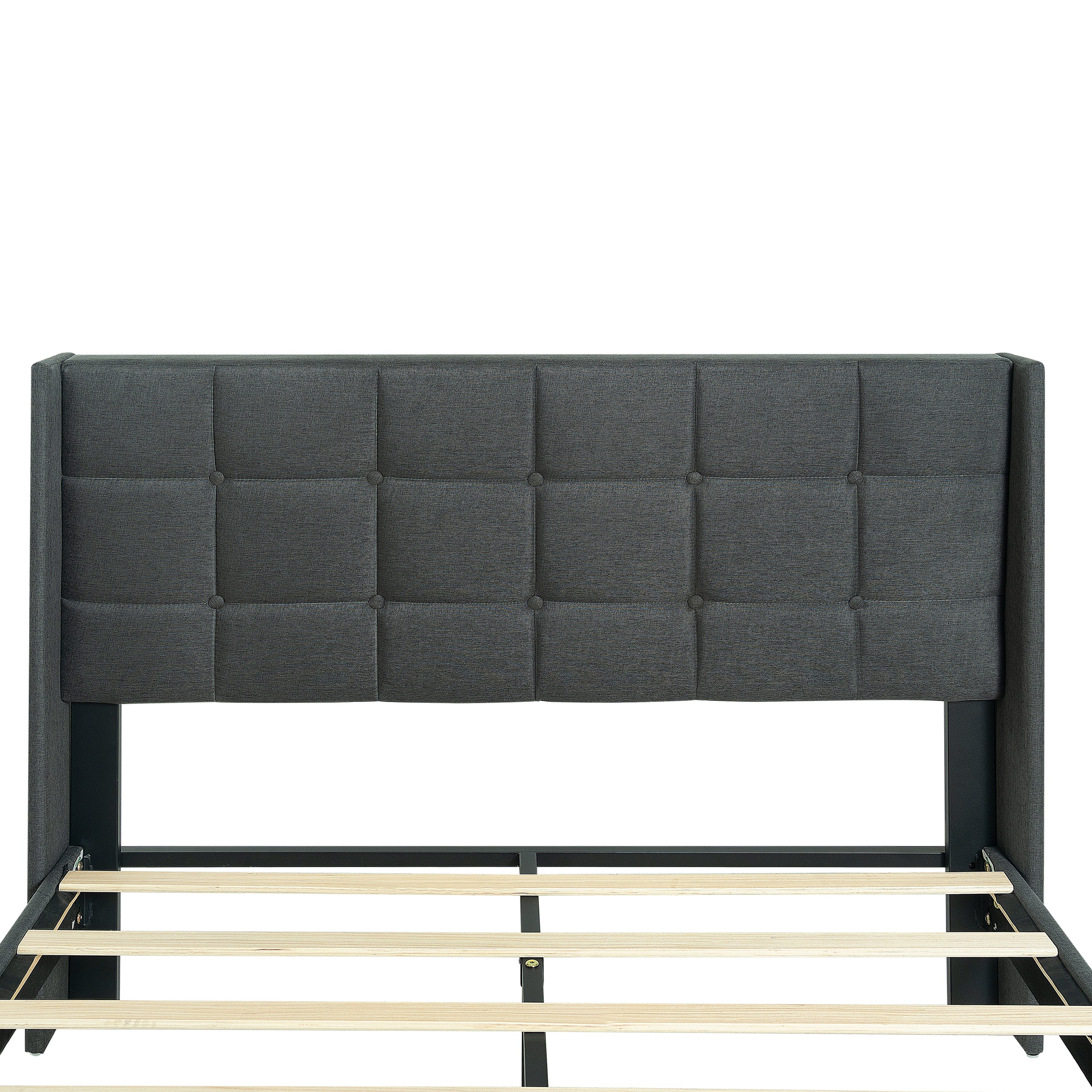 Queen Size Upholstered Platform Bed Frame with Modern Button Tufted Linen Fabric Headboard, No Box Spring Needed, Wood Slat Support, Easy Assembly, Drak Grey Queen Size Upholstered Platform Bed Frame with Modern Button Tufted Linen Fabric Headboard, No Box Spring Needed, Wood Slat Support, Easy Assembly, Drak Grey