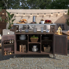 K&K Outdoor Kitchen Island - Rolling Bar Cart & Solid Wood Grill Table with Stainless Steel Top, Dark Brown