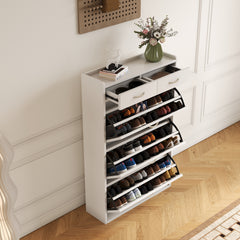 31.5" White Solid Wood Shoe Cabinet with Three Layers of Flip Bucket for Storage