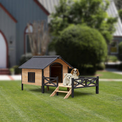 Large Wooden Dog Kennel with Porch, Outdoor Cabin House for Medium & Large Dogs