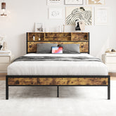 Queen Metal Platform Bed with Storage Headboard & Charging Station - Black