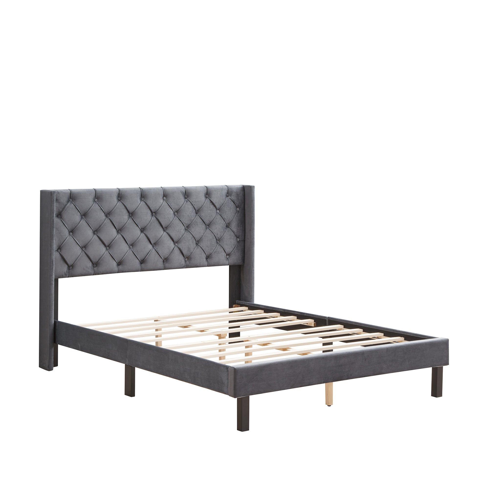 Velvet Button Tufted-Upholstered Bed with Wings Design - Strong Wood Slat Support - Easy Assembly - Gray, Queen, platform bed Velvet Button Tufted-Upholstered Bed with Wings Design - Strong Wood Slat Support - Easy Assembly - Gray, Queen, platform bed