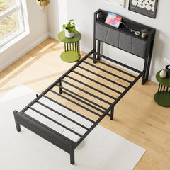 Twin Bed Frame with Storage Headboard & Charging Station