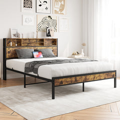 Queen Metal Platform Bed with Storage Headboard & Charging Station - Black
