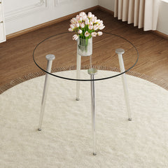 Elegant Round Glass Top Dining Table with Silver Metal Legs - Perfect for Your Dining Room