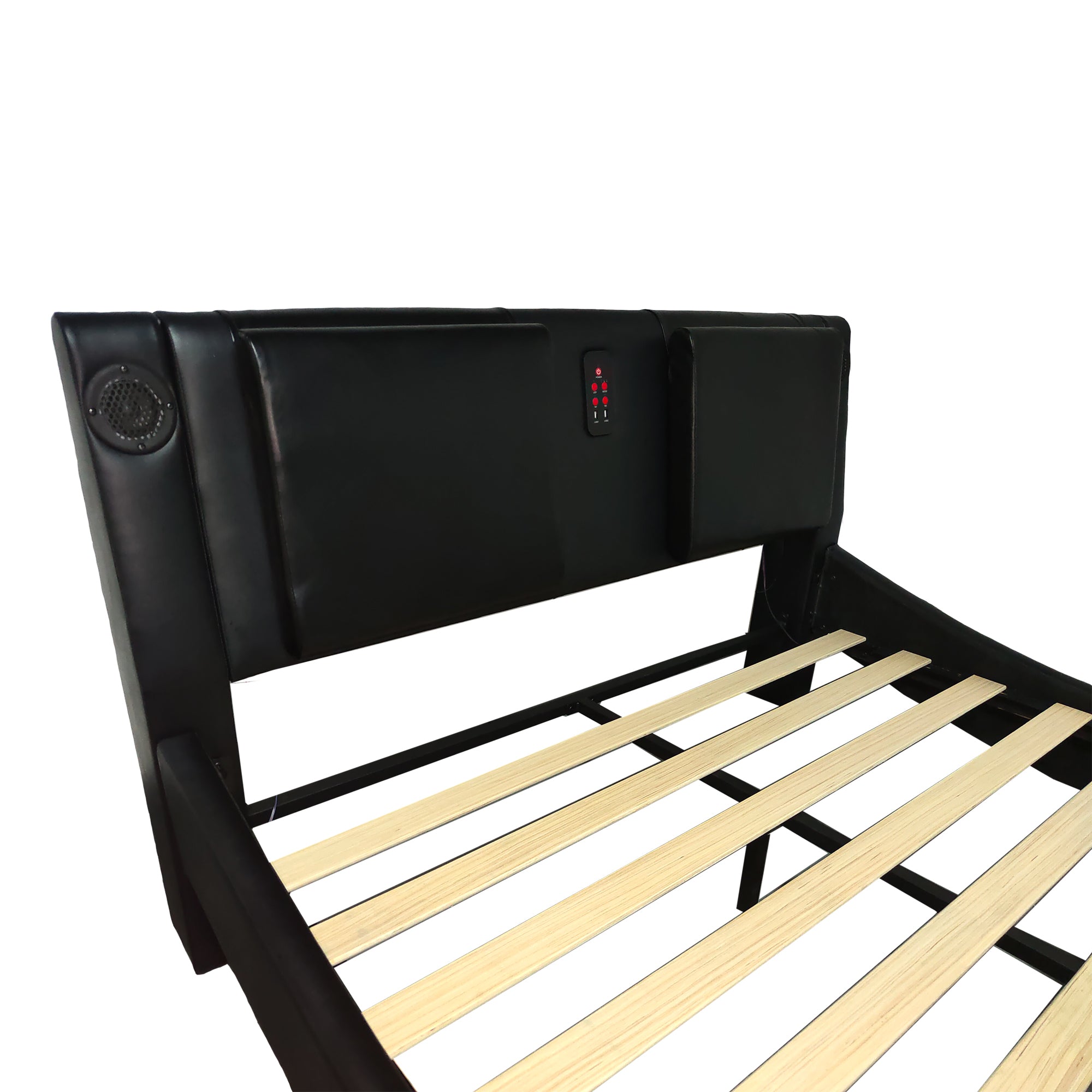 Faux Leather Upholstered Platform Bed Frame with led lighting, Bluetooth connection to play music control, Backrest vibration massage, Curve Design, Wood Slat Support, Exhibited Speakers,King Size Faux Leather Upholstered Platform Bed Frame with led lighting, Bluetooth connection to play music control, Backrest vibration massage, Curve Design, Wood Slat Support, Exhibited Speakers,King Size