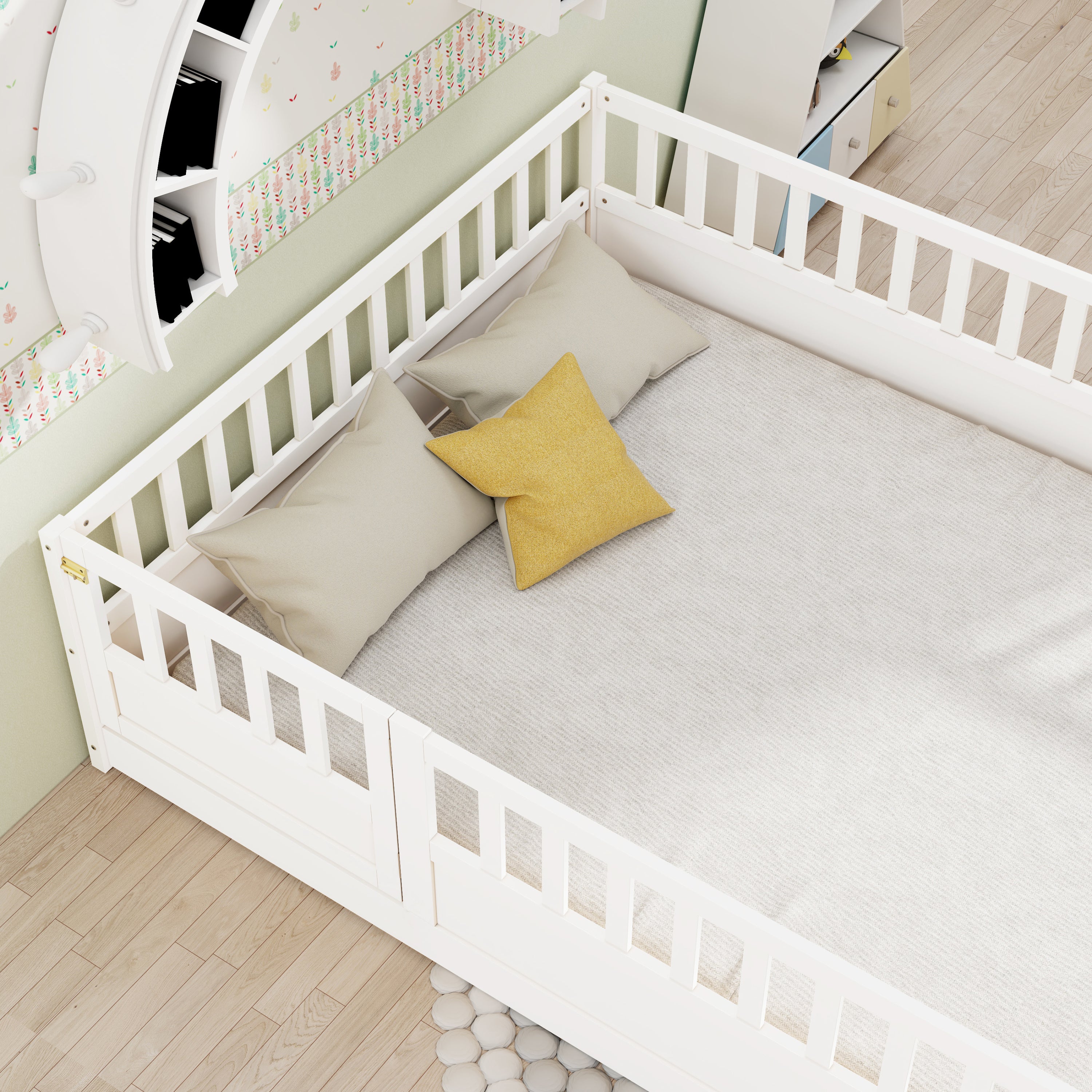 Full size  Floor bed, integral construction with super high security barrier, door, children's floor bed frame, Montessori wooden children's floor bed, Support slat white Full size  Floor bed, integral construction with super high security barrier, door, children's floor bed frame, Montessori wooden children's floor bed, Support slat white