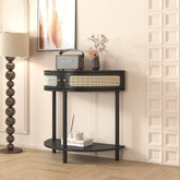 Half Moon End Table with Sliding Rattan Door & Storage Shelf