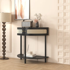 Half Moon End Table with Sliding Rattan Door & Storage Shelf