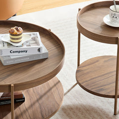 2-Tier Nesting Coffee Table Set, Modern Round Side Tables for Living Room, Walnut