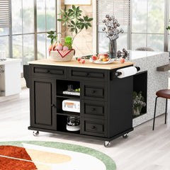 Rolling Kitchen Island with Storage & 5 Drawers, 53", Black