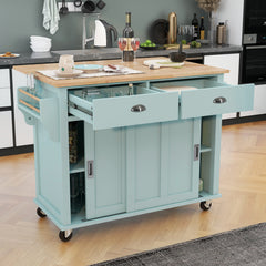 Kitchen Cart with Drop-Leaf Countertop, Sliding Barn Door, Mint Green