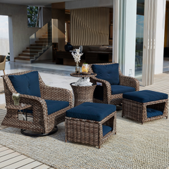 K&K 5-Piece Outdoor Patio Set with Swivel Chairs & Ottomans with Pet House, Navy Blue