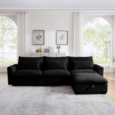 Corduroy Sectional Sofa, L Shaped Couch with Storage Footstool and 3 Pillow, Sectional Couch for Living Room Apartment, Black