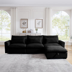 Corduroy Sectional Sofa, L Shaped Couch with Storage Footstool and 3 Pillow, Sectional Couch for Living Room Apartment, Black