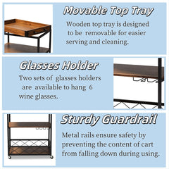 Rolling Kitchen Wine Cart with Glass Rack, Oak Brown