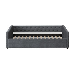 Twin Size Daybed with Twin Size Trundle Upholstered Tufted Sofa Bed, with Button on Back and Copper Nail on Waved Shape Arms-Dark Grey
