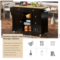 Rolling Kitchen Island with Storage & 5 Drawers, 53", Black