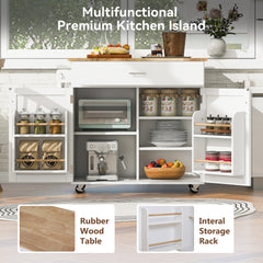 K&K Rolling Kitchen Island with Storage, Rubber Wood Top, White