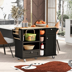 Kitchen Island Cart with Storage, Solid Wood Top & Locking Wheels, Black