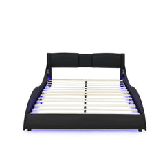 Queen Led Bed Frame Modern Faux Leather Upholstered Platform Bed Frame with RGB LED Lights and Headboard Wave Like Curve Low Profile Bed Frame,Wood Slats Support,Easy Assembly, Black