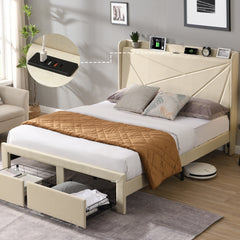 Queen Bed Frame with Drawers, USB Charging & Wingback Headboard